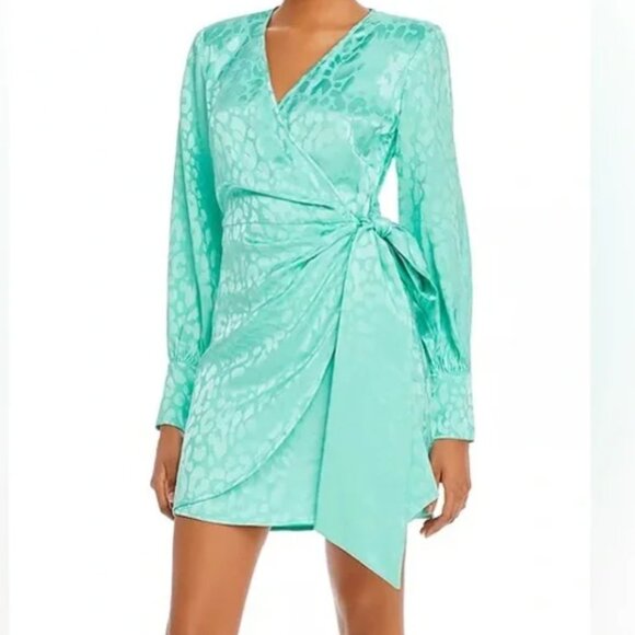 Andamane Carly Leopard-Print Wrap Mini Dress in Leopard Green‎ Size XS - Picture 2 of 11